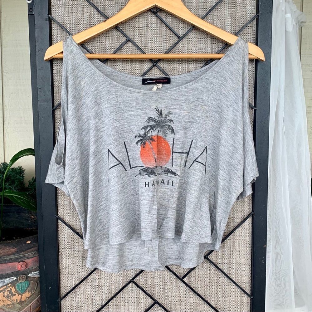 Aloha Grey Sun Palm Tree Open Shoulder Flowy Top S
